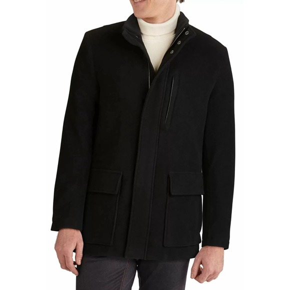 Cole Haan V8208 Men's Black Wool Blend Plush Car Coat Size Large Pockets - Picture 3 of 12